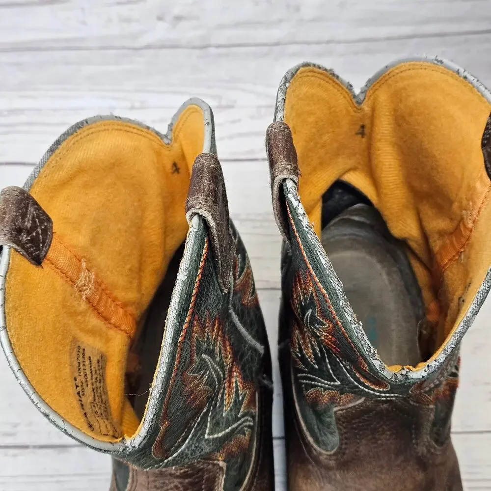 ARIAT Western Boots Brown Green US 4 Leather Embroidered Square Toe 10047010